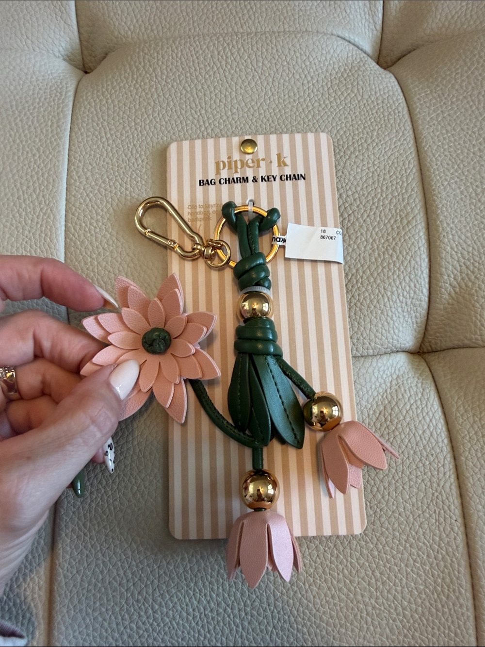 Green and Pink Leather Floral Tassel Key & Card Holder Charm